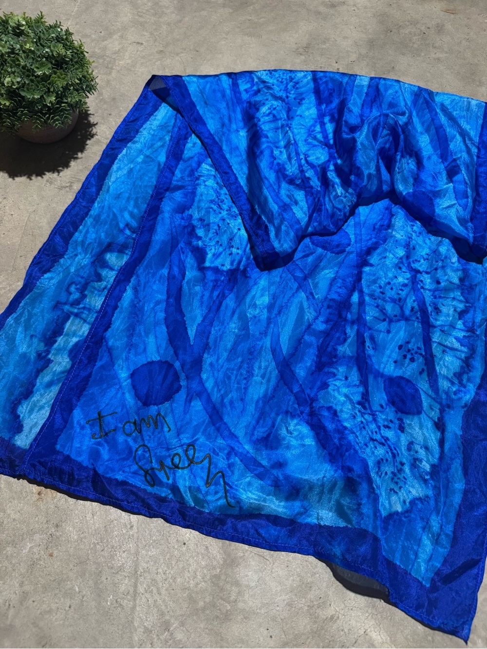 Royal Blue 100% Silk Scarf Wrap “I Am Free” 17”x68” Boho Vacation Beachy